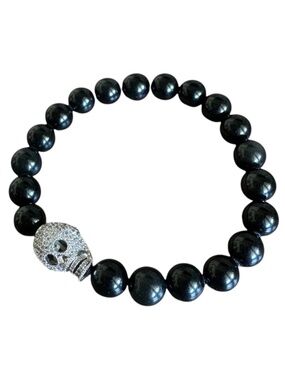 Black Onyx Skull Bracelet | 8mm Beaded Stretch | Pavé Silver Skull | Edgy Luxe